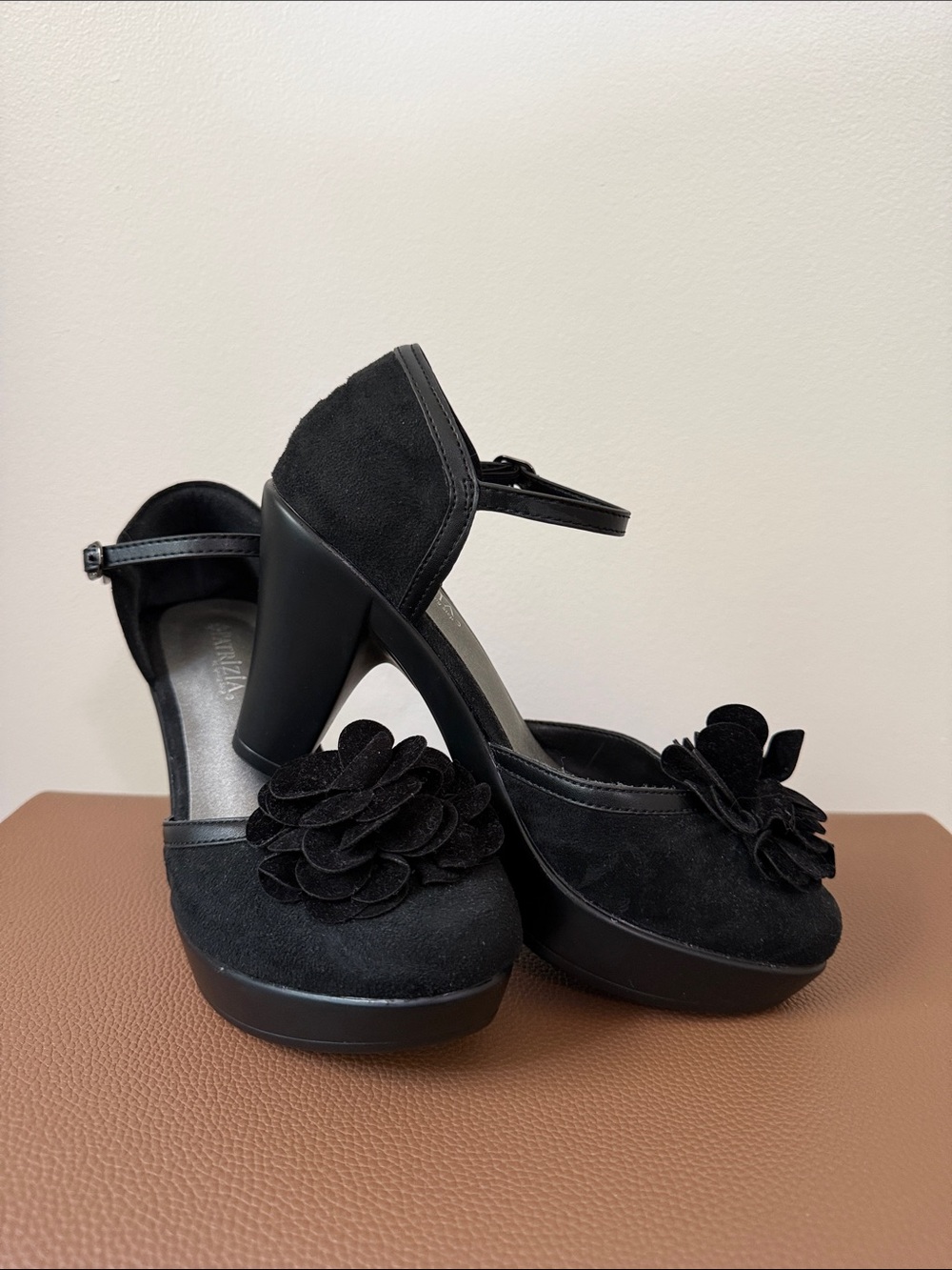 Black Floral Suede Platform Mary Jane Heels for Women
